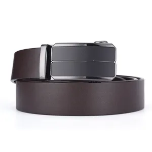 Detailed close-up of a premium men's genuine leather belt with a sleek black automatic buckle