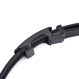 Close-up detail of high-quality black leather belt with an automatic buckle mechanism