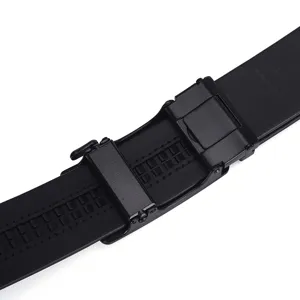 Close-up detail of the durable automatic buckle mechanism on a premium black leather belt
