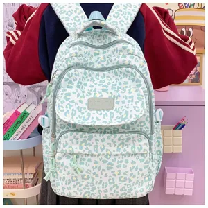 Mint green leopard print large capacity backpack for school and travel fashionable student bag