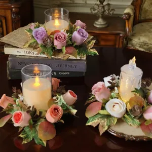 European Retro Rose Maple Leaf Candlestick Wreath Ornament Artificial Floral Garland With LED Candle For Wedding Home Decor Table Centerpiece