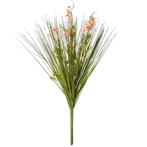 Artificial onion grass bouquet with pink small flowers fake plant for wedding home decor detail