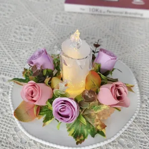 European retro rose maple leaf candle ring detail shot with LED candle for wedding home decor.