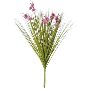 Artificial purple flower bouquet with green grass, fake plants for home wedding decor.