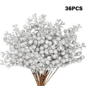 Nahaufnahme von 36 künstlichen silbernen Glitzerbeerstielen für Weihnachtsdekorationen