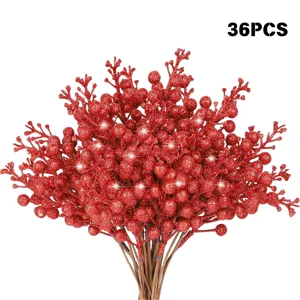 Set mit 36 künstlichen roten Glitzer-Beerenstielen für die Weihnachtsbaum-Dekoration