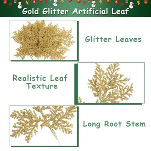 Nahaufnahme Detailanzeige von goldenen Glitzer künstlichen Blättern für Weihnachtsbaum.