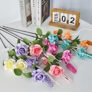 Europäische 3-Kopf Künstliche Schaumrose Blume Langer Stiel Künstliche Blumen Für Haus Dekoration Hochzeit Party Fotografie Requisiten Dekorative Blumen