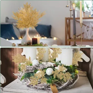 20 Stk. Weihnachts Goldglitter künstliche Tannenzweige Blätter für festliche Kranzdeko