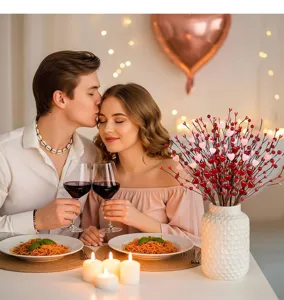 Rami con bacche a cuore per San Valentino in una romantica tavola per decorazioni