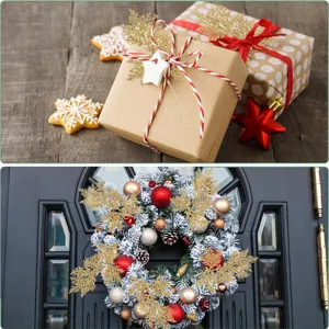 Künstliche goldene Glitzer-Kiefernzweige für Weihnachtsbaumkranz und Geschenkverpackung.