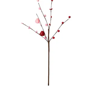 Dettaglio del ramo decorativo di San Valentino con bacche a cuore rosse e rosa