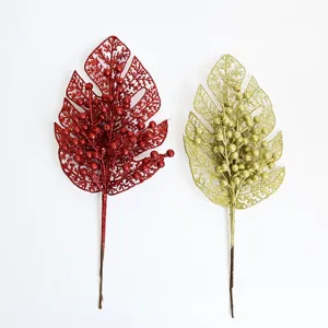 Glitter artificial monstera leaf berry picks for Christmas tree party home decor gold red.