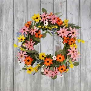 Pastoral Artificial Wreath Fake Sunflower Daisy Floral Wall Hanging Front Door Decoration Colorful Silk Plastic Garland Decor For Home Party Wedding