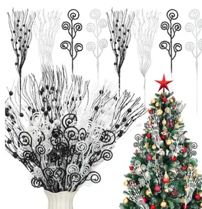 36pcs black white glitter Christmas tree picks berry floral branch decor set for holiday.
