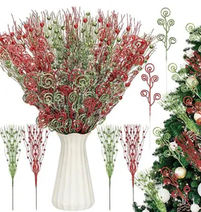 Christmas glitter curly twigs and berry stems set, perfect for tree and home holiday decor.