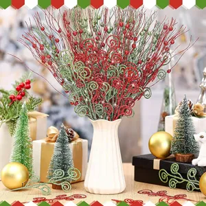Christmas glitter berry branches 36pcs red green curly decorative twigs for tree home