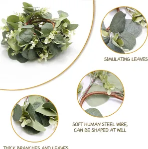 Detailed view showing artificial eucalyptus leaves and flexible steel wire candle rings