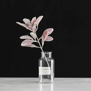 Artificial flocked rabbit ear leaf plant branch in clear glass vase for decor