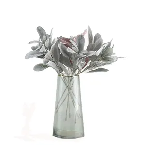 Artificial flocked rabbit ear leaf plant bouquet fake green leaves in glass vase for wedding