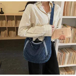 Vintage large capacity blue denim dumpling bag shown in a library setting for daily use