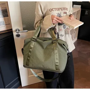 Green checkered large capacity travel duffel bag for women fitness and short trips