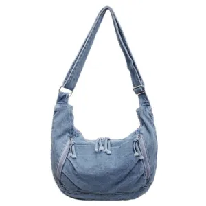 Vintage light blue denim dumpling bag with multi-zipper large capacity design
