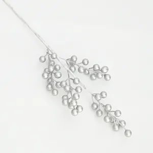 Silver artificial berry branch detail shot, perfect for home decor floral arrangements