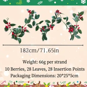 Artificial Christmas garland with red berries and frosted leaves, 182cm long festive decor