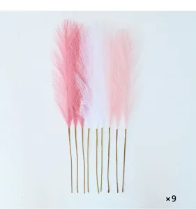 Artificial pampas grass bouquet 9 stems pink white faux reed home decor detail view