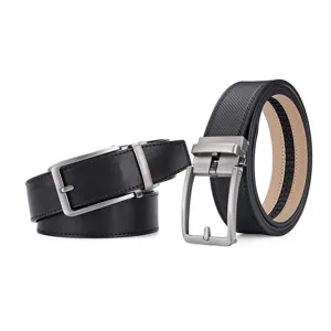 Close-up of men's black leather belts with classic pin and automatic buckle styles