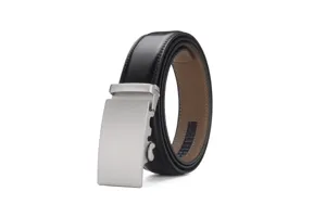 Detail view of men's black leather belt with brushed metal automatic buckle