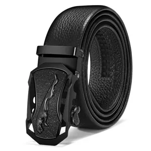 Macro view of professional men's black automatic buckle belt with panther emblem.