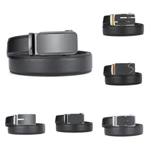 Men Business Casual Split Cowhide Leather Belt With Zinc Alloy Automatic Buckle Black Litchi Grain Patent Finish Waist Strap