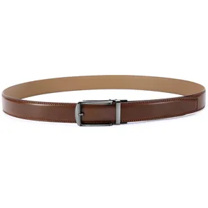 Professional detail of a men's brown leather belt with sleek gunmetal automatic buckle