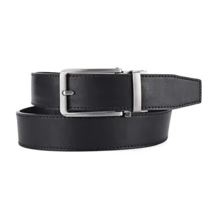 Detailed view of a black genuine leather belt for men with a silver automatic buckle