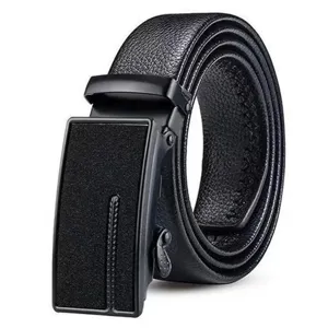 Macro detail of black leather belt featuring a classic lychee texture and matte automatic buckle
