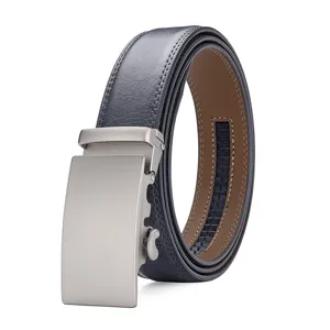 Detailed view of men's automatic buckle leather belt with cracked pattern texture display