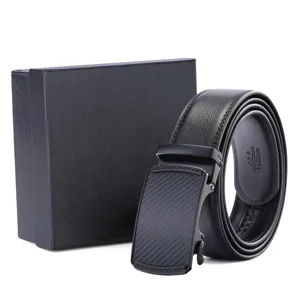 Detailed view of men's automatic leather belt with carbon fiber buckle and box
