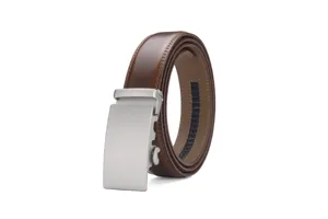 Close-up of brown men's leather belt featuring a brushed silver automatic buckle