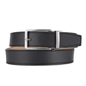 Detailed view of a men's black textured leather belt with a brushed metal buckle.
