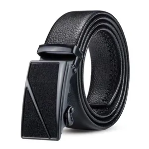 High-quality black leather belt featuring a textured lychee grain and sleek automatic buckle