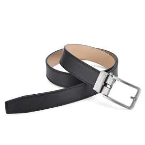 Close-up of men's black textured leather belt with a silver-tone metallic buckle