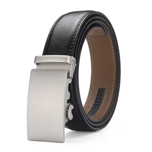 Detail view of premium black leather belt with silver automatic buckle and cracked texture