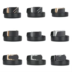 Collection of premium men's black leather belts with various metal automatic buckles