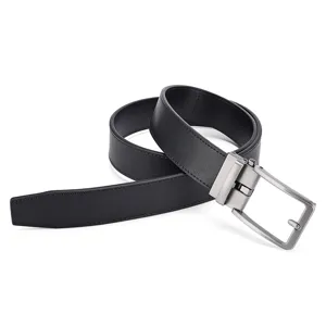Close-up of a men's black genuine leather belt with a matte silver automatic buckle