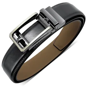Close-up of a premium black leather belt featuring a sleek automatic metal buckle.