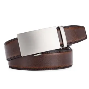 Detailed view of brown genuine leather belt with cracked texture and silver buckle