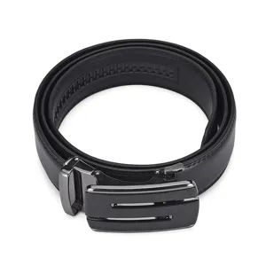 Detailed view of a coiled men's black leather belt with gunmetal automatic buckle