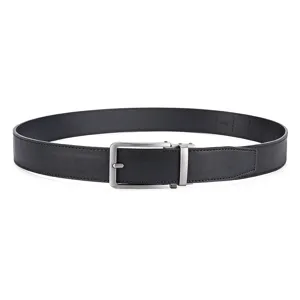 Professional shot of black leather belt for men featuring a sleek silver automatic buckle